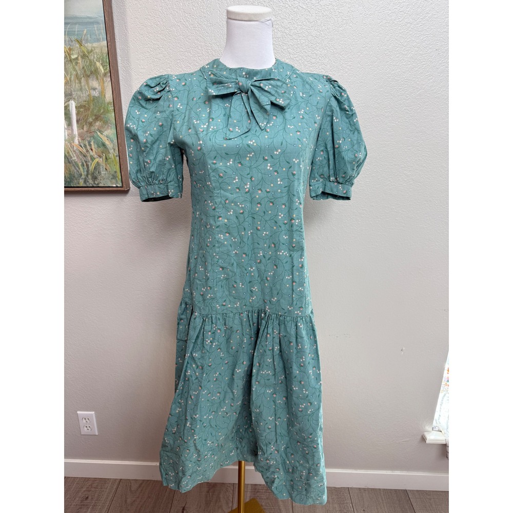Vintage Teal‎ Floral Puff Sleeve Midi Dress